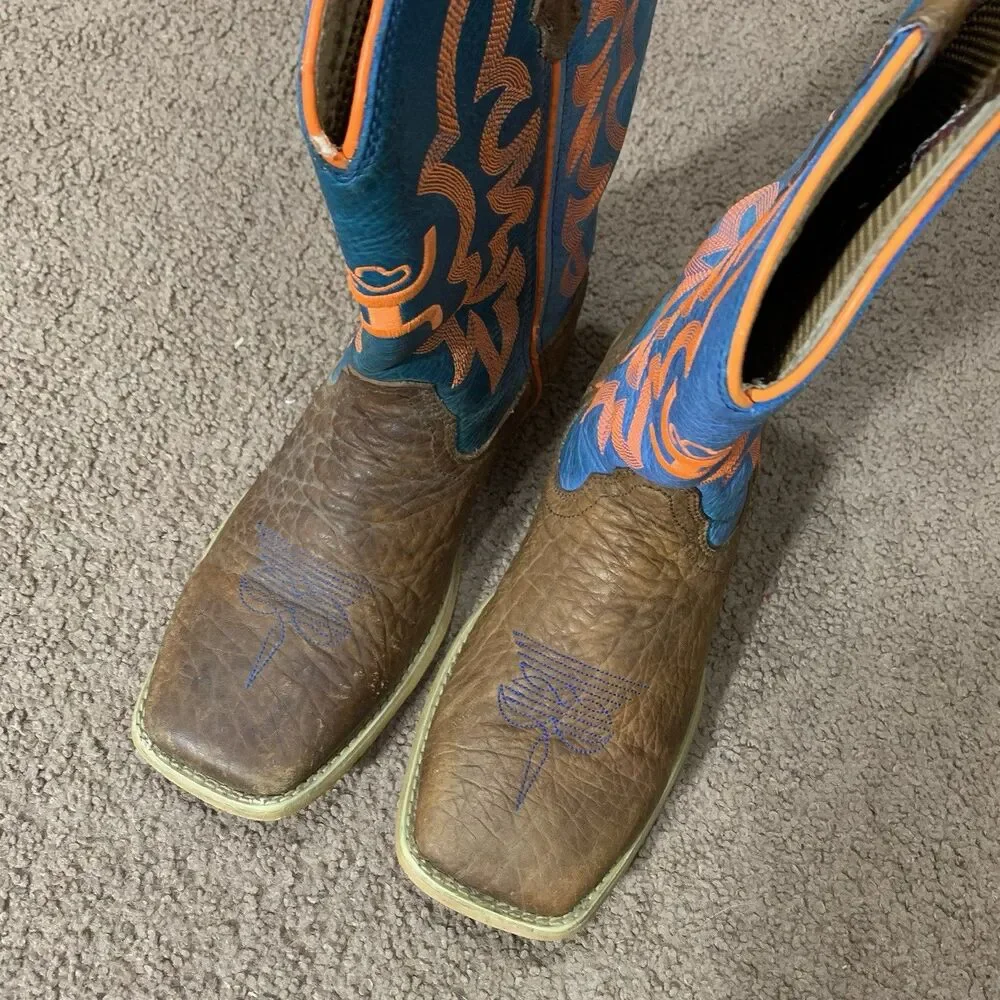 Twisted X YHY0001 Brown Blue Leather Neon Stitching Cowboy Boot Youth Size 4M